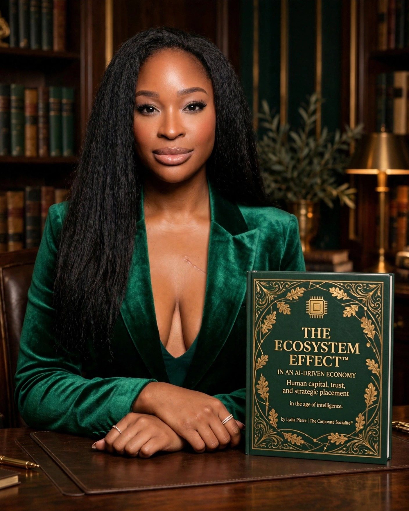 Lydia Pierre at her desk in the study, with the leather-bound Ecosystem Effect volume beside her